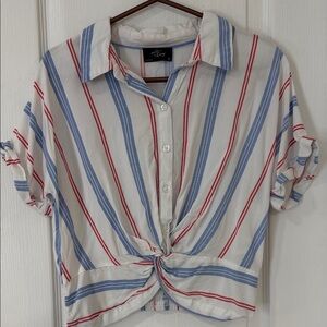 Button-Front Twist Hem Stripe Shirt - White with Blue & Red Stripes